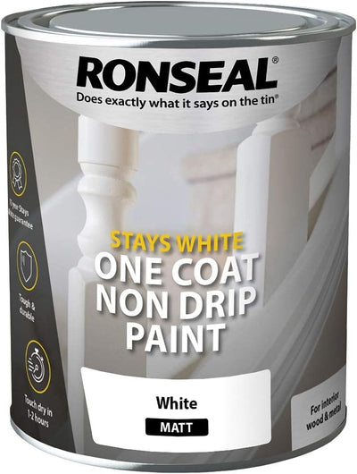 Ronseal One Coat Stays Matt Paint, White, 750ml