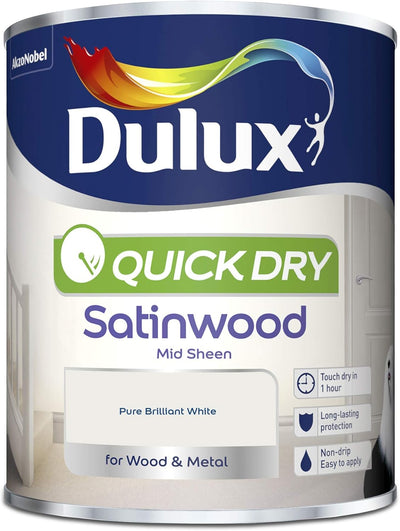 Dulux Quick Dry Satinwood Paint, Pure Brilliant White, 750ml