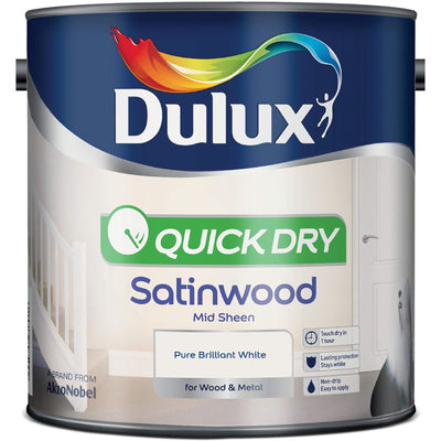 Dulux Quick Dry Satinwood Paint, Pure Brilliant White, 2.5L